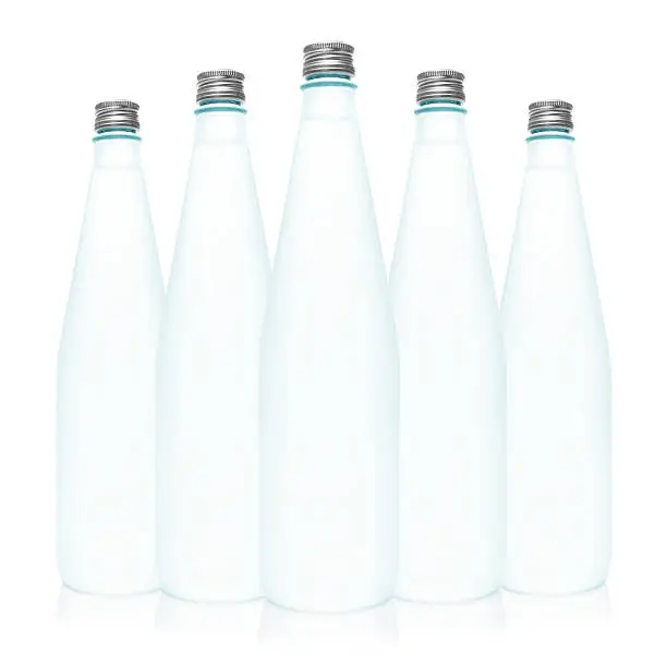 Five isolated opaque glass water bottles on white background