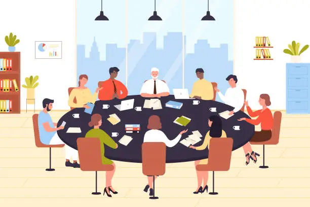 Vector illustration of Teamwork of business people sitting at round office table, corporate team meeting