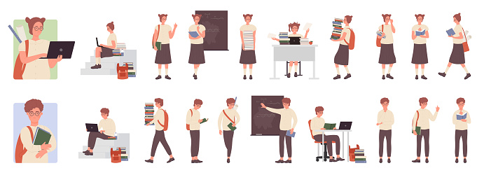 Cartoon intelligent smart casual boy and girl characters with glasses, backpack, books studying and posing in front, side or back view isolated. Teenager school students poses vector illustration set