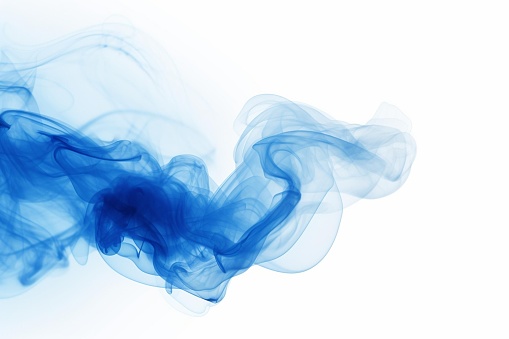 A stunning image of a billowing white smoke cloud with pink and blue hues against a white background