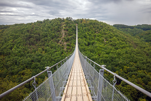 The Geierlay is a suspension bridge in the low mountain range of the Hunsrück in western Germany. It was opened in 2015. It has a span range of 360 metres and is up to 100 metres above ground. On both sides of the bridge are the villages of Mörsdorf and Sosberg.