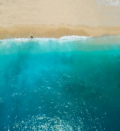 Aerial view of Kaputas beach between Kas and Kalkan in Antalya, Turkey . Drone view of beach with beautiful clear turquoise water of the Mediterranean Sea. Popular and famous place for people visiting Kas and Kalkan.