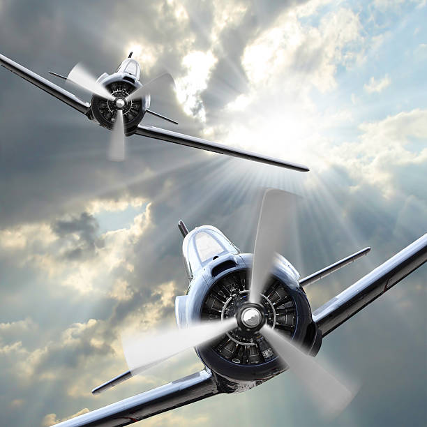 istock Two old style fighter jets flying with each other 160969011