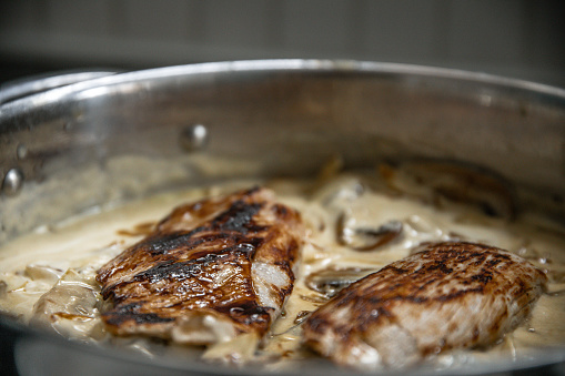 Veal cutlet with cream and mushroom sauce