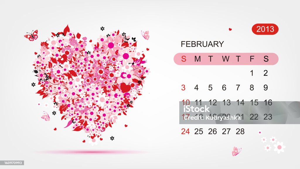 Vector calendar 2013, february. Art heart design This file is EPS10 vector and it includes transparency effects. 2013 stock vector