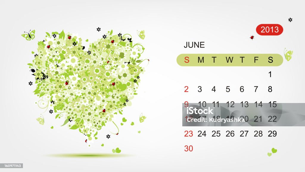 Vector de calendario 2013, el mes de junio. Arte corazón de diseño - arte vectorial de Abstracto libre de derechos