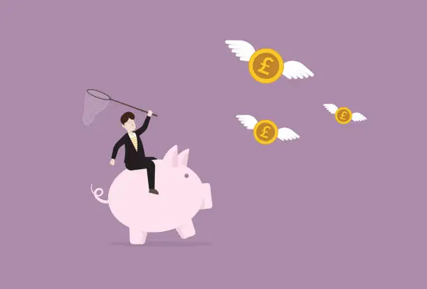 Vector illustration of A businessman rides a piggy bank to catch UK pound money for money saving