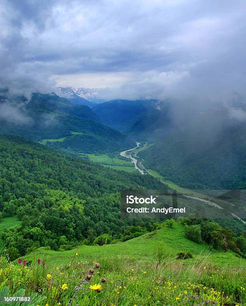 Foto de Green Valley Com Uma Estrada Sinuosa E O Rio e mais fotos de stock de Aberto - Aberto, Beleza, Beleza natural - Natureza