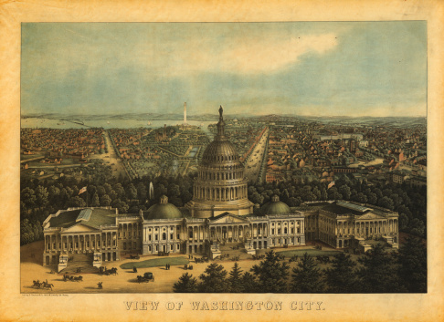 Antique print of the Capitol in Washington, D.C. Engraving published by E.Sachse, Baltimore in 1857. Photo by N. Staykov (2007)