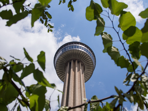Standing tall at 750 feet, the Tower of the Americas dominates the San Antonio skyline and offers breathtaking views of the city. This iconic landmark has been a symbol of progress and innovation since its opening in 1968 during the World's Fair. The tower's sleek and modern design complements the natural beauty of its surroundings, as seen in this photo framed by vibrant greenery and a partly clear sky. Visitors can enjoy a meal at the tower's revolving restaurant, take a thrilling ride up to the observation deck, or simply marvel at the tower's impressive height and architectural beauty from below. The Tower of the Americas is a must-visit destination for anyone exploring San Antonio and seeking a bird's-eye view of this vibrant city.