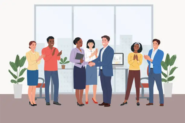 Vector illustration of Business team celebrates successful project. Men and women in full height clapping  thanking or showing appreciation at event