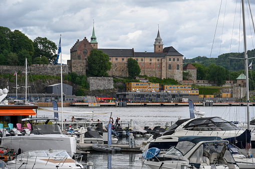 Oslo, Norway, July 4, 2023 - Akershus Fortress on the Akersneset Peninsula, right on the shore of the Oslofjord.