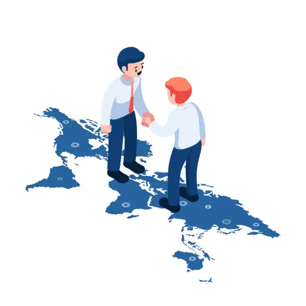 Vector illustration of Isometric Businessman or Politician Shaking Hands Over World Map
