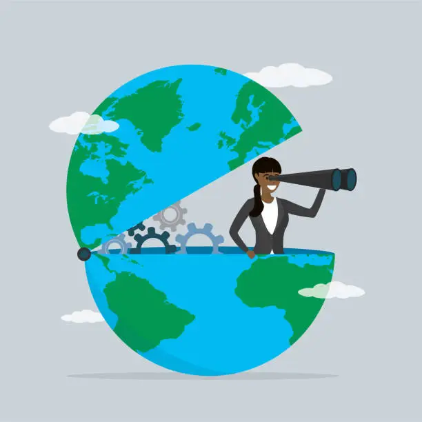 Vector illustration of World economic vision. Smart businesswoman sits in globe and looks through binoculars. Global recruitment, HR. International opportunity for business, investment or work. Business leader, boss.