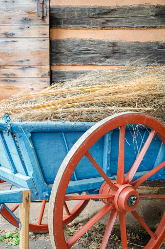 A historic wooden wagon and harvested grains