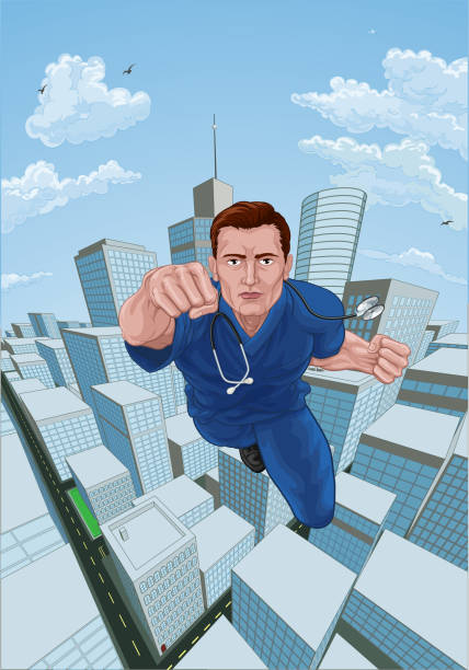 arzt krankenschwester scrubs superheld fliegen super hero - superhero comic book cityscape flying stock-grafiken, -clipart, -cartoons und -symbole