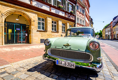 Bamberg, Germany - June 4: old Opel Olympia at the old town of Bamberg on June 4, 2023