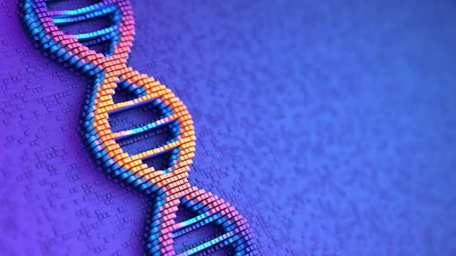 Perfectly seamless loop motion. Digital blue background with DNA double helix structure. Nucleic acid sequence. Genetic research. 3d illustration. Pixelated effect.
