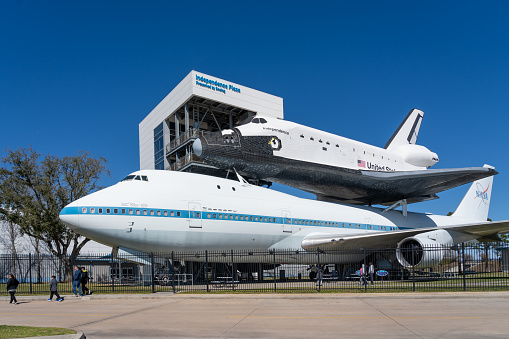 Houston, Texas, USA - March 12, 2022: Boeing 747-123 ‘N905NA’ with replica Space Shuttle Orbiter “Independence” at Independence Plaza in Space Center Houston, Texas, USA on March 12, 2022.