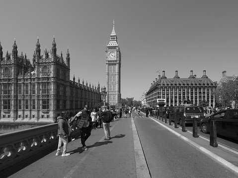London, UK - June 08, 2023: Houses of Parliament and Westminster Bridge in black and white