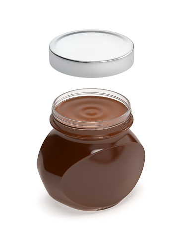 Glass jar with chocolate cream on white background