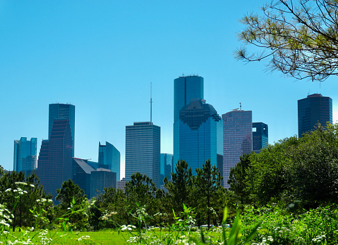 April 22, 2023 - View of downtown Houston skyline on Earth Day from Buffalo Bayou Park, Houston, Texas, USA