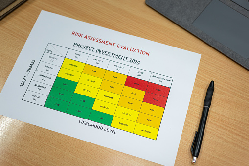 A project investment 2024 risk assessment matrix which is seperated as color table to represent as low, medium and high level of the risk. Business planning with object photo, selective focus.