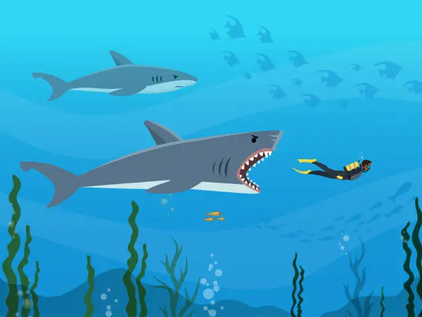 Vector illustration of Aggressive big shark trying to reach human.