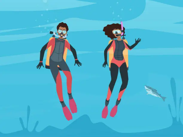 Vector illustration of Male and female scuba diving and snorkeling.