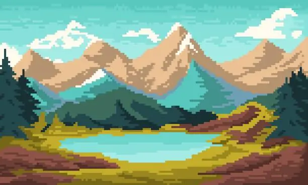 Vector illustration of Pixel valley with mountains and lake background