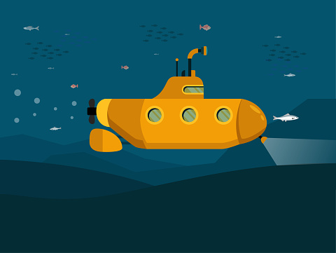 Submarine under water vector flat illustration, banner. poster or flyer cover. Flat vector illustration