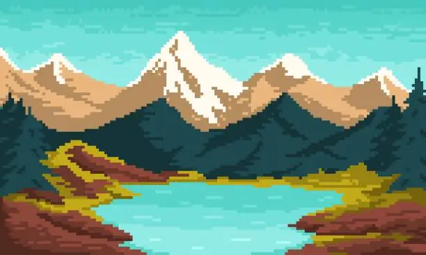 Vector illustration of Mountain pixel lake with forest background