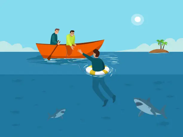 Vector illustration of helping drowning person with a buoy and boat on the sea with sharks underwater.