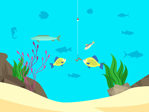 fish looking questioningly on a fishhook. Flat vector illustration