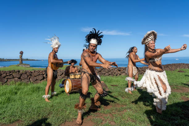 Easter Island, Chile - March 6, 2023: Easter Island dance show by local performers near Ahu Tahai complex, Easter Island (Rapa Nui), Chile.