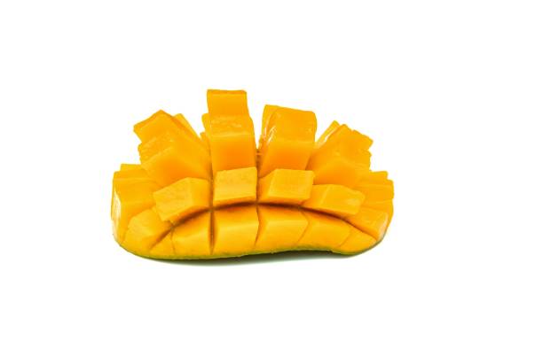 istock Ripe Mango Cube Cut Isolated on White Background with Copy Space in Horizontal Orientation 1609891312