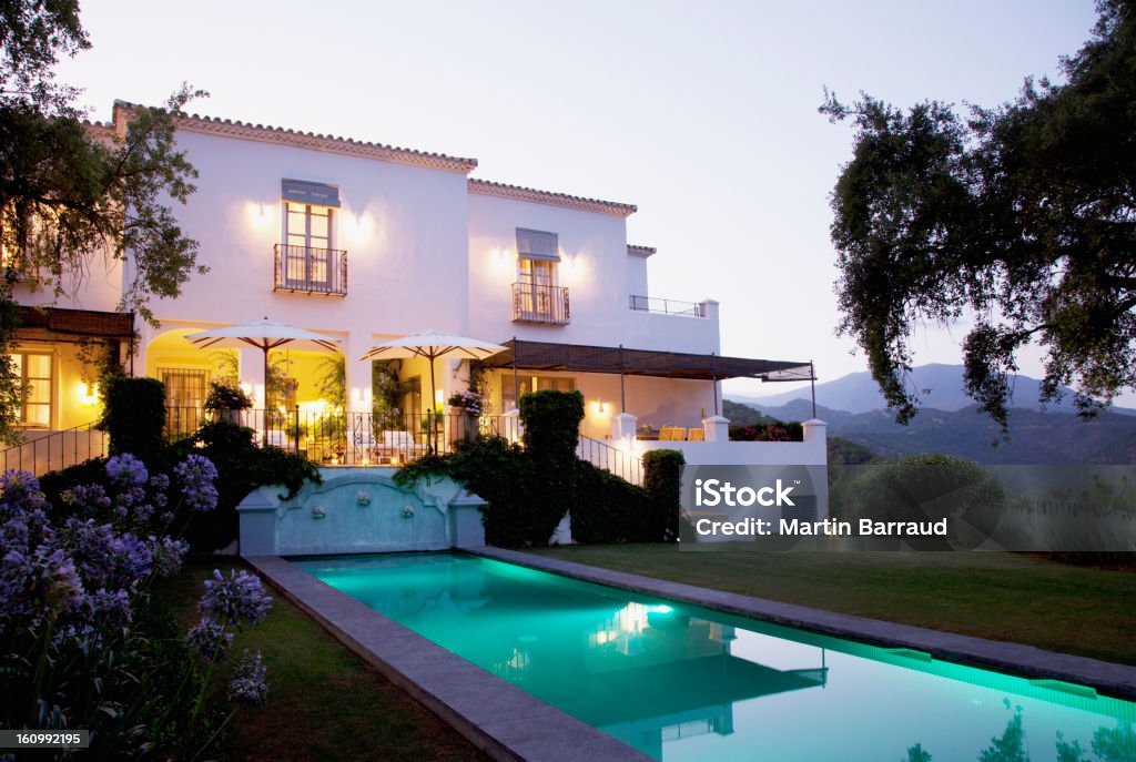 Luxury lap pool and villa at dusk  Lap Pool Stock Photo