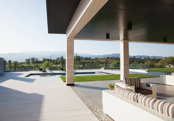 istock Luxury patio overlooking swimming pool and mountains 160992306