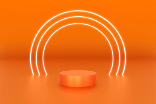 istock 3d platform orange color for product background stage or podium and blank display platform with ring neon white color. 3d illustration rendering 1609953482