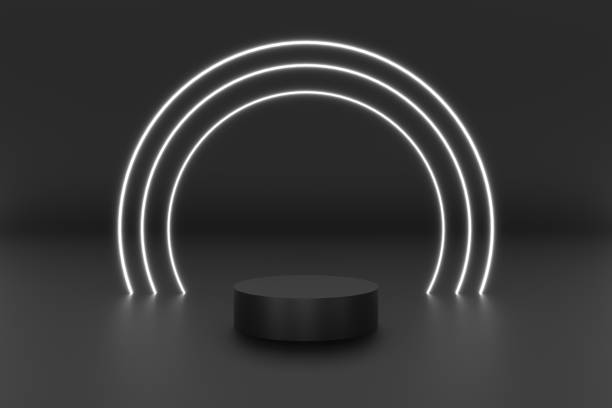 istock 3d platform black color for product background stage or podium and blank display platform with ring neon white color. 3d illustration rendering 1609956160