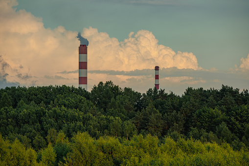 Large chimneys of a coal-fired power plant surrounded by trees in the middle of nature