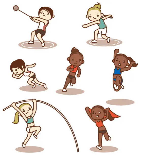 Vector illustration of Set of vector illustrations of female track and field athletes