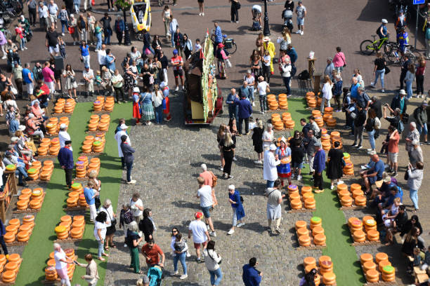 Gouda Cheese Market 2023 Aerial View In The Netherlands Europe Gouda, The Netherlands - June 6, 2023: Scene Of Gouda Cheese Market Officials Caring Big Cheese, Wearing Dutch Traditional Dress With Clogs, Gouda Cheese Girl Showing Cheese To People, Explaining About Cheese, Including Lots Of Local And Tourists Taking Picture, Talking With One Another, Walking, Looking Around, Sitting Down, Eating And Drinking And More During Gouda Annual Traditional Merchant Cheese Market In South Holland cheese dutch culture cheese making people stock pictures, royalty-free photos & images