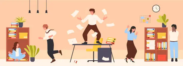 Vector illustration of Angry mad boss shouting about deadline, yelling at busy employees running in panic
