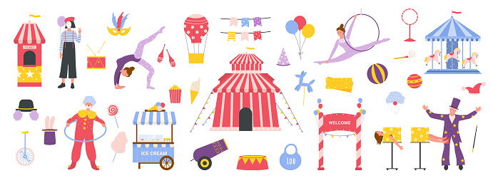 Circus set vector illustration. Cartoon isolated magician and clown, acrobat and mime, performers of magic carnival show in costumes and circus equipment, chapiteau tent in cute funny collection