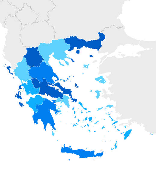 High detailed Greece Blue map with Regions and national borders of Albania, Bulgaria, Turkey, North Macedonia,  Kosovo, Montenegro vector art illustration