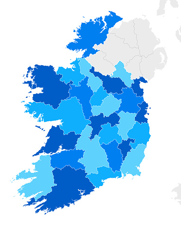 High detailed Ireland Blue map with Regions and national border of United Kingdom