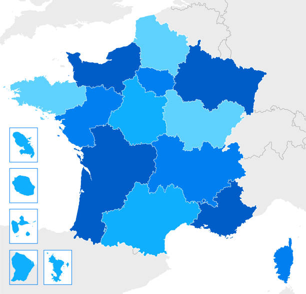 High detailed France Blue map with Regions and national borders of United Kingdom, Andorra, Spain, Belgium, Luxembourg, Switzerland, Germany, Italy vector art illustration