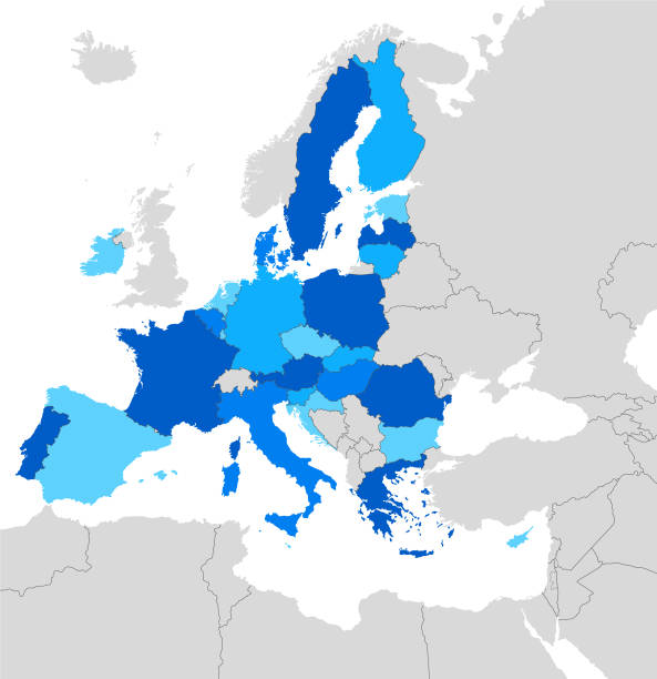 vysoce podrobná modrá mapa evropské unie s regiony a státními hranicemi španělska, portugalska, francie, německa, itálie, rakouska, chorvatska, slovenska, slovinska, polska, švédska, finska, řecka, maďarska, kypru - balkán stock ilustrace