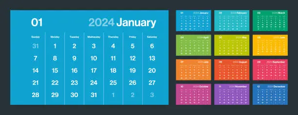 Vector illustration of 2024 - Monthly Calendar. Color Minimalism Style Landscape Horizontal Calendar for 2024 year. Vector Template. The Week Starts on Sunday